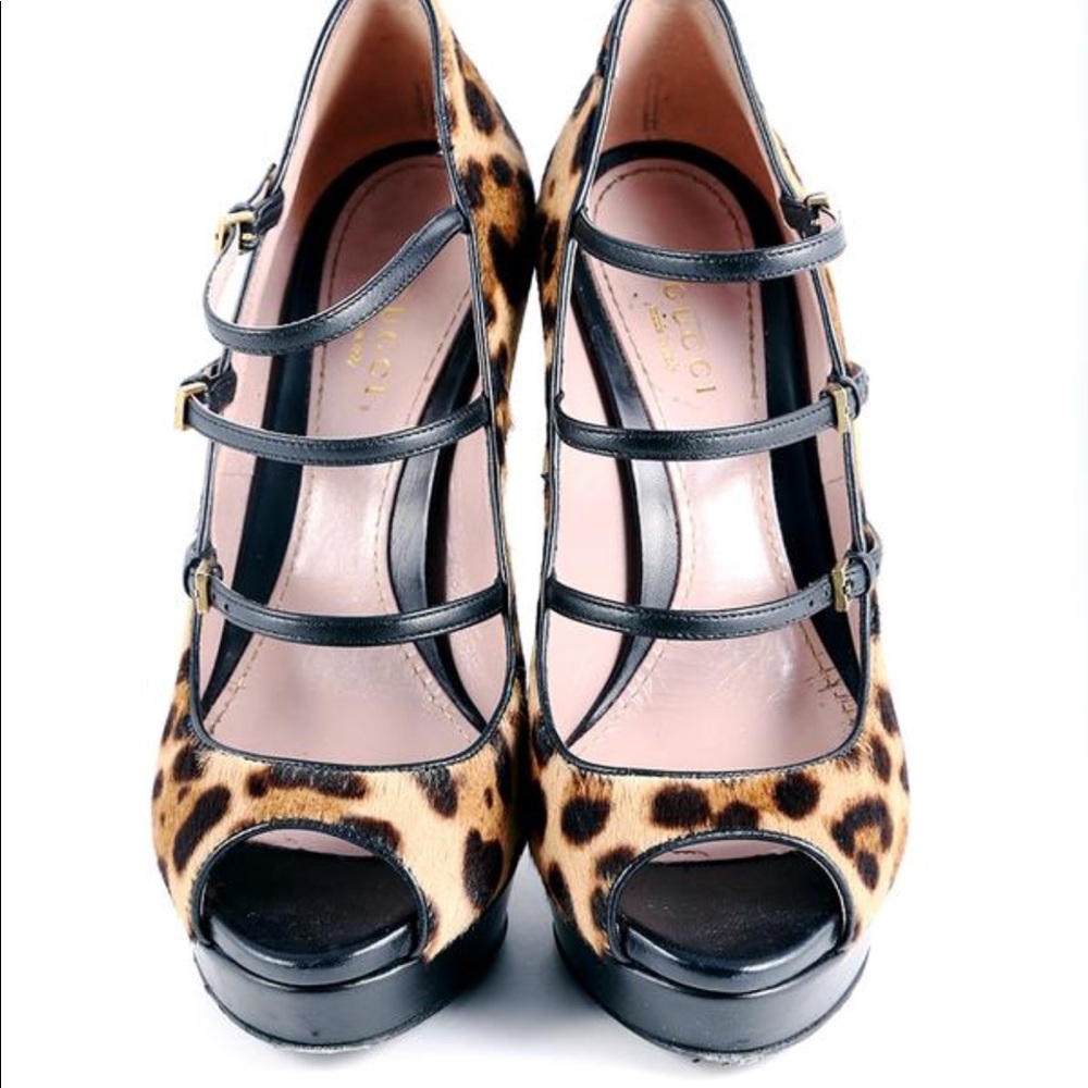Gorgeous Gucci Leopard Platform Triple Strap Heels